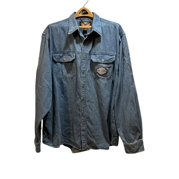 Harley Davidson blue denim button down long sleeve shirt men’s 2xl tall - Picture 1 of 8